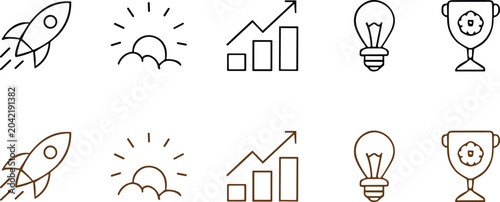 Foto Modern Startup Success Line Icon Set with Rocket Growth Idea Sunrise and Achieve