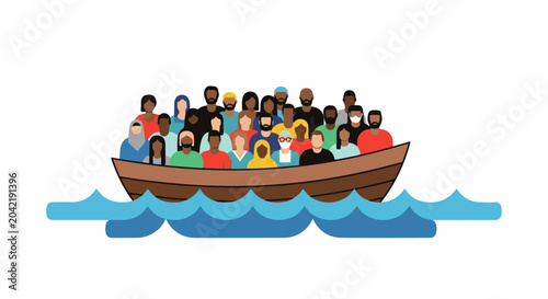 Diverse group of people crowded in a boat on wavy blue water