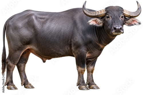Water buffalo isolated on transparent background, full body dark bovine with curved horns for farm design