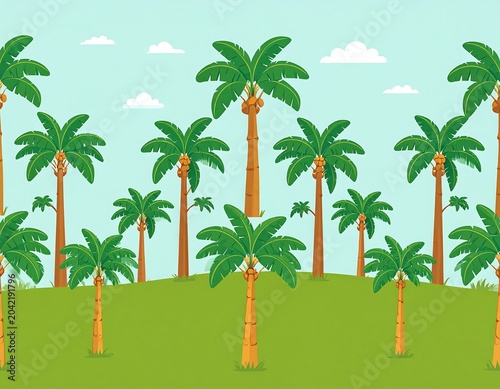 Tropical palm trees line with red poles on grass field.