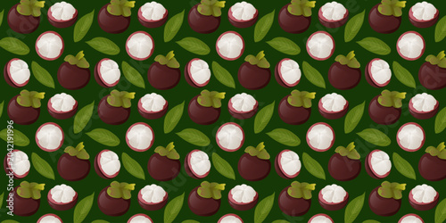 Seamless Pattern Mangosteen Exotic Tropical Fruits With Leaves