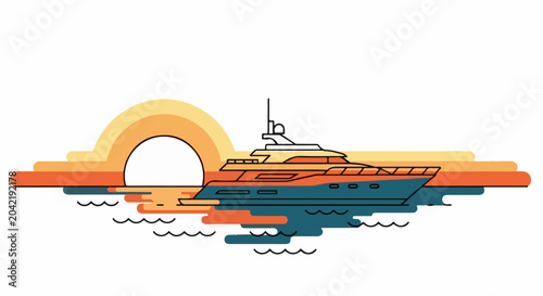 A modern yacht sails on calm waters at sunset with colorful abstract layers