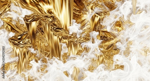 Abstract gold and white liquid smoke texture background.