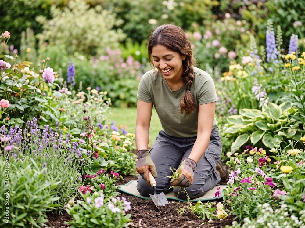 Fototapeta premium Smiling woman gardener kneeling and planting in a flower garden for gardening background and lifestyle banner design