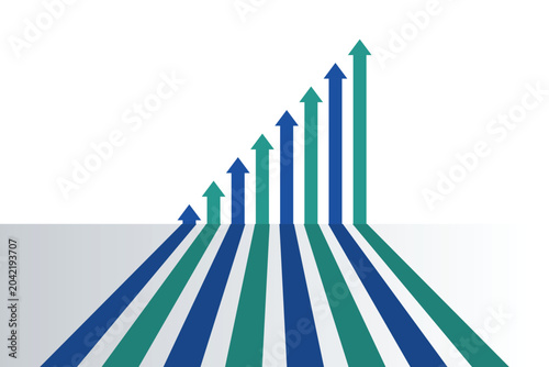 Foto Growing blue and teal arrows ascending on white background, with shadow effect,