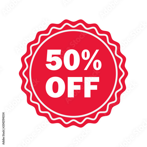Fotografie Red fifty percent off discount badge with white text and wavy border sale