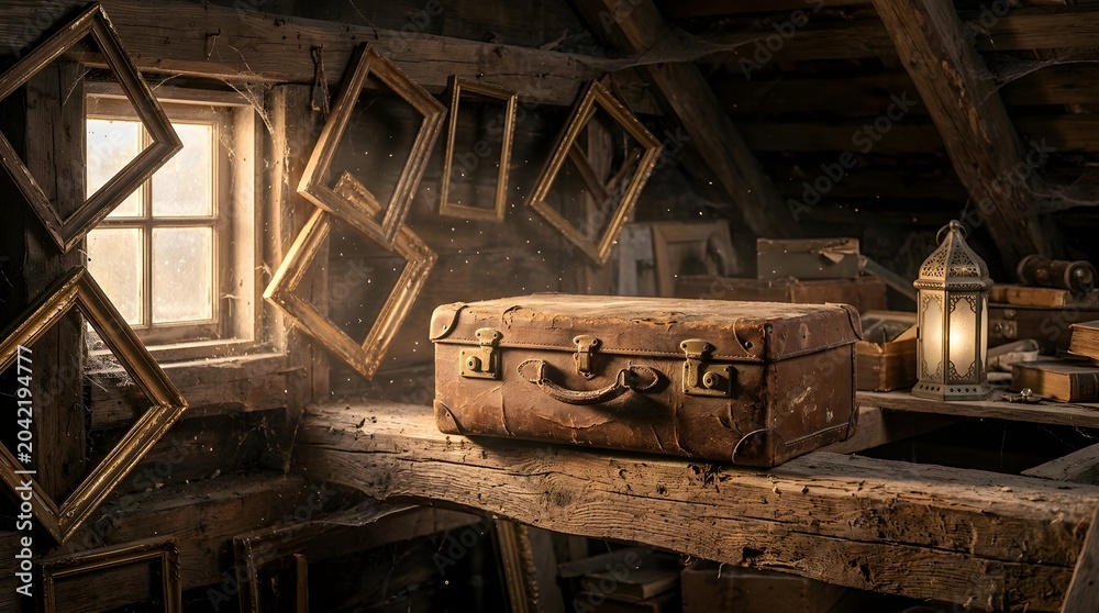 Fototapeta premium Vintage suitcase rests on a dusty wooden workbench inside a dim attic space.