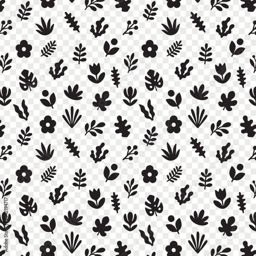 Seamless Botanical Pattern Black Floral Silhouettes Organic Leaves Flower Shapes Repeating Nature Background Decorative Plant Motifs Vector Design
