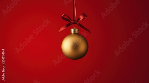 A single gold bauble hangs from a crimson ribbon against a rich red background, a festive minimalist image perfect for holiday greetings.