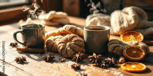 Warm autumn morning steaming mugs of tea, sweet pastries, and fragrant spices on a rustic wooden table