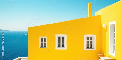Vibrant Yellow Coastal House with Ocean View and White Windows