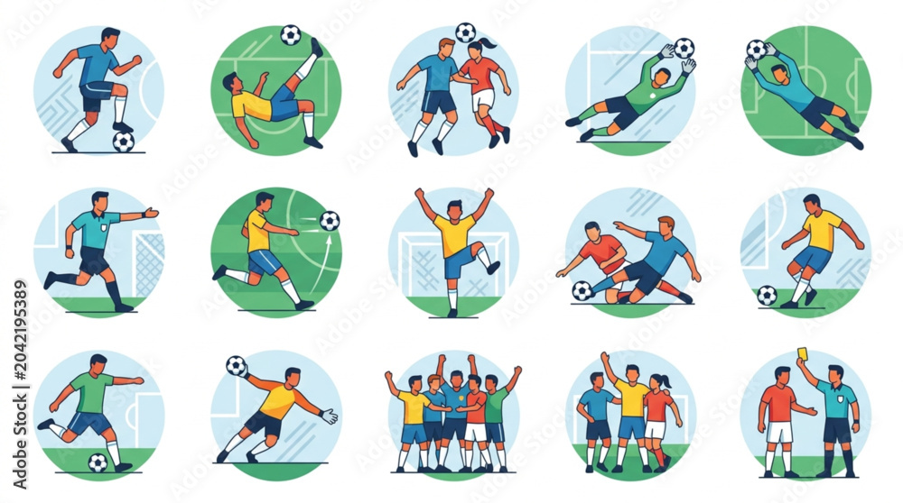 Fototapeta premium Soccer Players in Action Diverse Poses and Scenarios on Field.