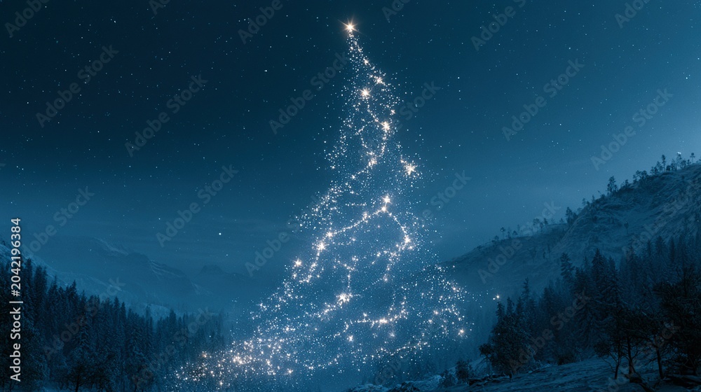 Naklejka premium Celestial Christmas tree formed by constellation of stars in deep blue winter night sky. overlooking snowy mountain forest