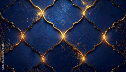Elegant Blue and Gold Islamic Pattern Background with Intricate Details.