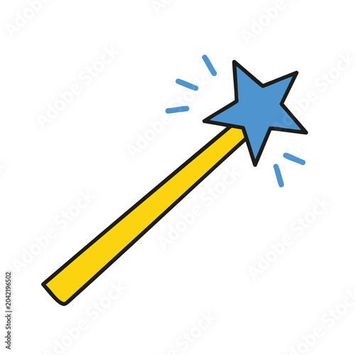 A colorful cartoon magic wand with a sparkling blue star tip.