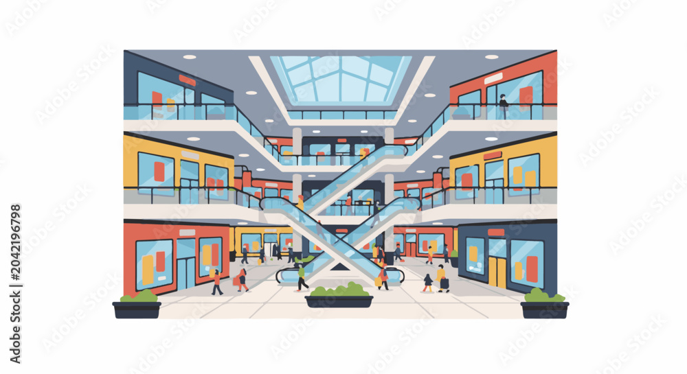 Fototapeta premium Multi-level shopping mall interior with escalators and shops