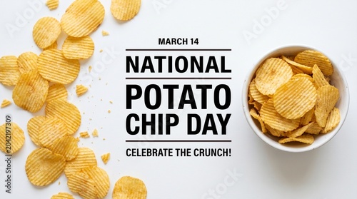 National Potato Chip Day banner for March 14, crispy golden potato chips in white bowl, salty snack food background with typography