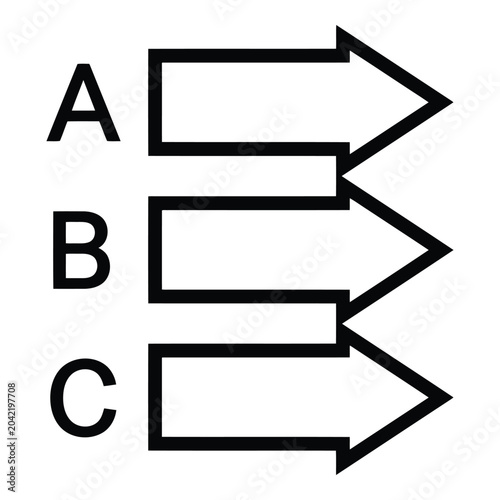An illustration of three stacked arrows pointing to the right, labeled A, B, and C, representing a sequence or list of options for decision-making or progress