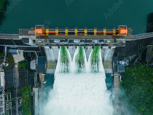 Fotografie Aerial View of Dam Water Release and Hydroelectric Infrastructure