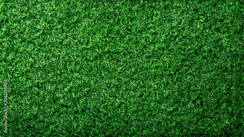 Close-up, textured view of vibrant green, dense artificial grass fibers