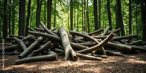 A large pile of fallen tree branches rests on the forest floor amongst tall trees in dappled sunlight.