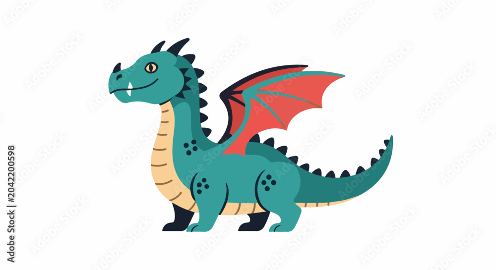 Naklejka premium Cartoon teal dragon with coral wings, standing playfully