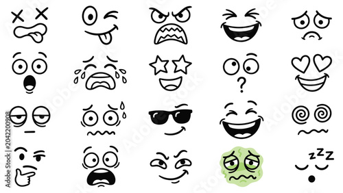Doodle cartoon emoji faces set with funny character reaction icons vector illustration collection for social media chat