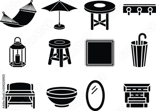 Outdoor and home furniture icons set including hammock, umbrella, table, coat rack, lantern, stool, rug, stand, bench, bowl, mirror and app icon