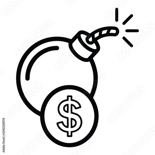 Explosive financial risk icon symbolizing a bomb with a dollar coin, representing economic crisis, debt, or budget explosion and a monetary threat