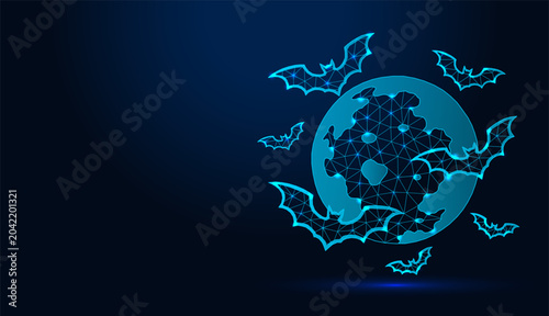 Low poly wireframe bats flying around full moon on dark blue background.