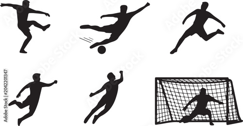 Tableau sur toile Dynamic Poses of Kicking Sliding Running and Goalkeeper Defending Goal Post Vect