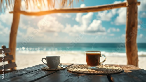 Two steaming mugs of coffee on a wooden table overlooking the ocean under a beachside hut