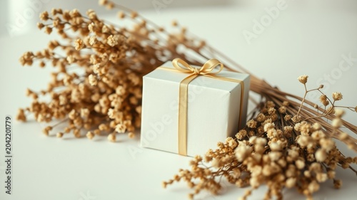 A small white gift box with a gold ribbon sits nestled amongst dried floral stems.