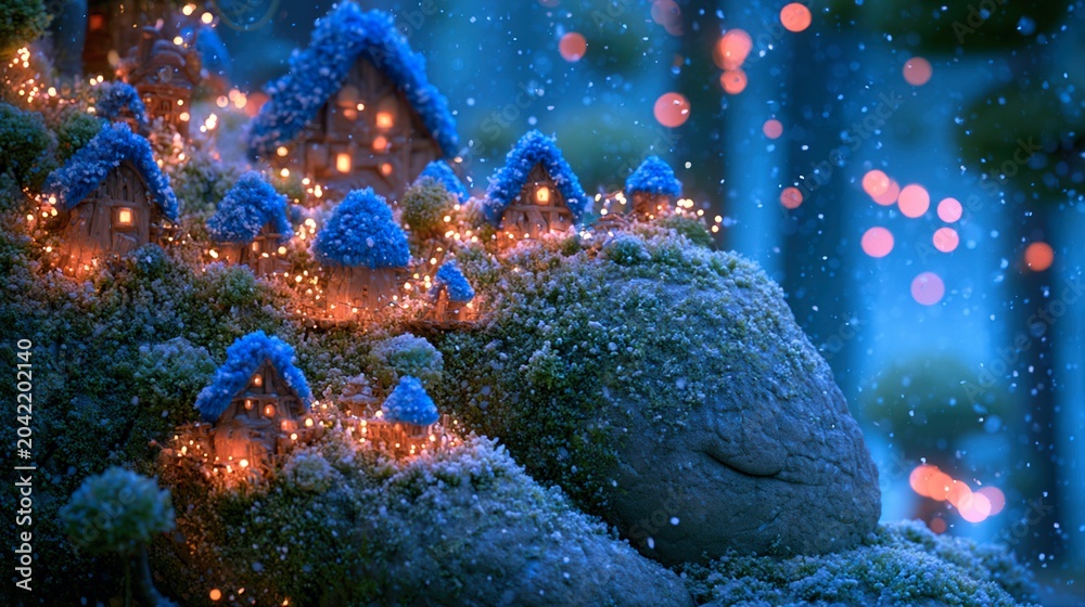 Fototapeta premium tiny glowing houses. snow falling on golems mossy back. atmosphere. 3D stylized art. heavy bokeh. vibrant bioluminescence
