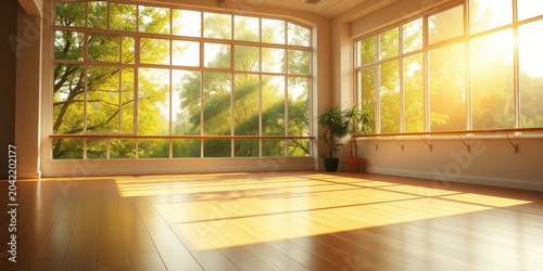 Sunlit Studio with Hardwood Floor and Expansive Windows Offering a Serene View