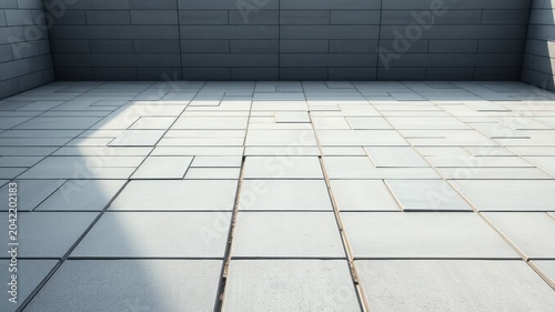 Modern Architectural Space Featuring Light Grey Tiles and a Grey Brick Wall
