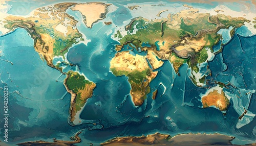 Detailed World Map Depicting Continents and Oceans with Topographical Features.