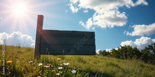 Blank Wooden Signpost in a Sunny Meadow with Wildflowers