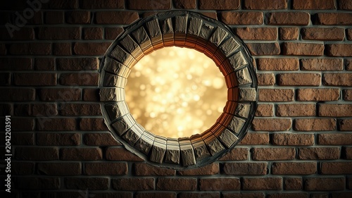Circular Stone Window in Brick Wall Showing Glowing Light