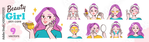 Beauty clean girl performing daily skincare routine steps and applying serum, mask, moisturizer. Facial care ritual for healthy glowing skin. Aesthetic skincare vector doodle illustration.