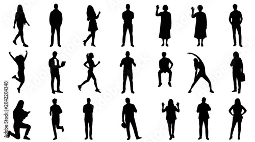 Silhouettes of people in various dynamic poses isolated on transparent background, Vector