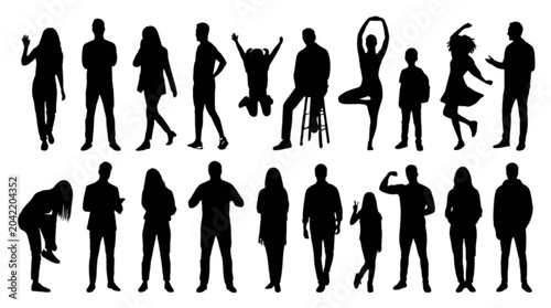 Silhouette people walking and posing in a line isolated on transparent background, Vector