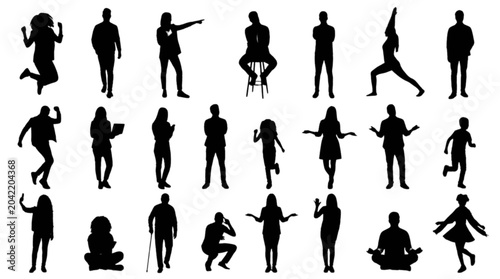 Silhouettes of people in various poses and actions isolated on transparent background, Vector