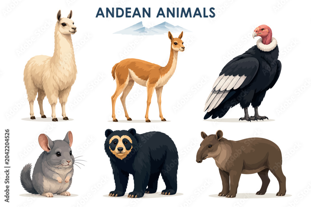 Fototapeta premium Vsai andean animals collection including llama condor chinchilla spectacled bear tapir