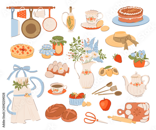 Country kitchen and baking clip art collection featuring bread, pie, jam, teapot, cookware, apron, flowers, fruit and rustic farmhouse details. Hand drawn vector illustrations.