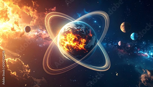 Cosmic Symphony - A Vibrant Planet with Rings and Celestial Bodies.
