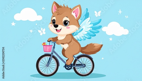 Cute Fox with Wings Riding a Bicycle in the Sky.