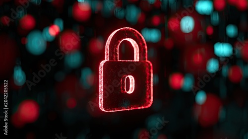 Glowing red padlock icon against a blurred background of digital data