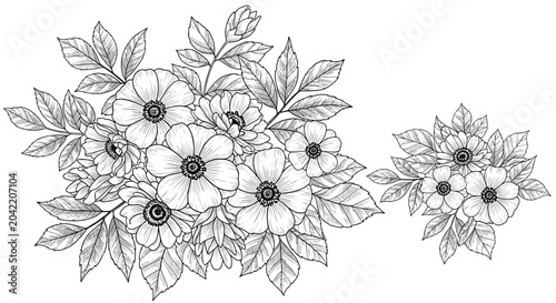 Exquisite line art drawings of two floral bouquets featuring detailed blossoms and leaves, perfect for elegant wedding stationery.
