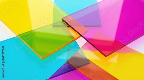 Overlapping vibrant translucent acrylic sheets create a dynamic geometric pattern. Interplay of light and color forms new hues, offering an abstract modern background.